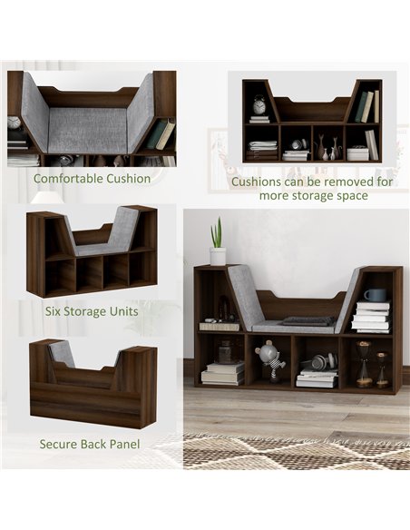 HOMCOM Bookcase Storage Shelf with Cushioned Reading Seat, Cube Bookshelf Organizer for Bedroom Living Room, Chestnut - pic 121229 | FastDaddyshop