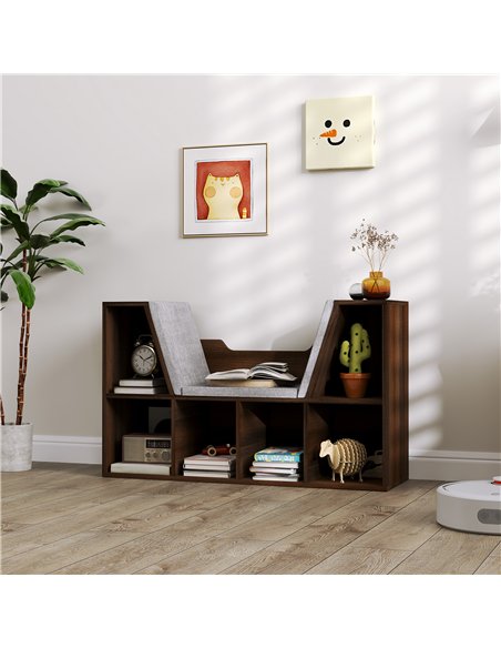 HOMCOM Bookcase Storage Shelf with Cushioned Reading Seat, Cube Bookshelf Organizer for Bedroom Living Room, Chestnut - pic 121230 | FastDaddyshop