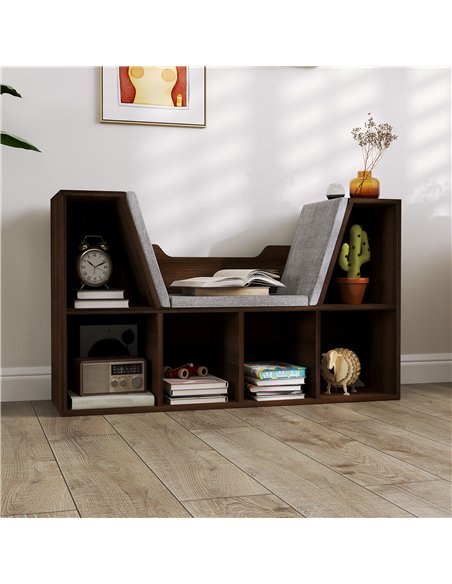 HOMCOM Bookcase Storage Shelf with Cushioned Reading Seat, Cube Bookshelf Organizer for Bedroom Living Room, Chestnut - pic 121231 | FastDaddyshop