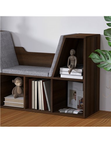 HOMCOM Bookcase Storage Shelf with Cushioned Reading Seat, Cube Bookshelf Organizer for Bedroom Living Room, Chestnut
