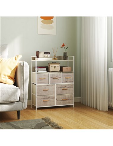 HOMCOM Rustic Chest of Seven Fabric Drawers - Natural Wood Finish