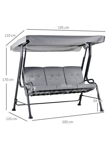 Outsunny 3 Seater Outdoor Garden Swing Chairs Thick Padded Seat Hammock Canopy Porch Patio Bench Bed - Grey