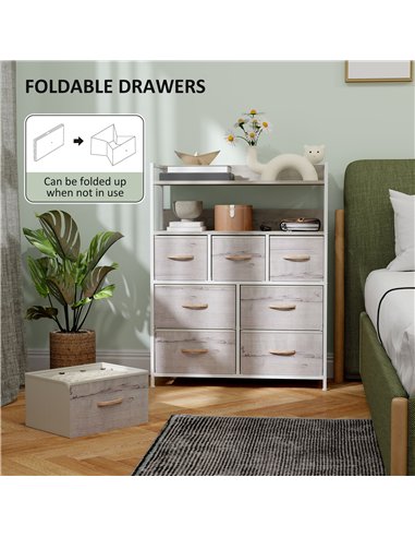 HOMCOM Rustic Chest of Seven Fabric Drawers - Natural Wood Finish