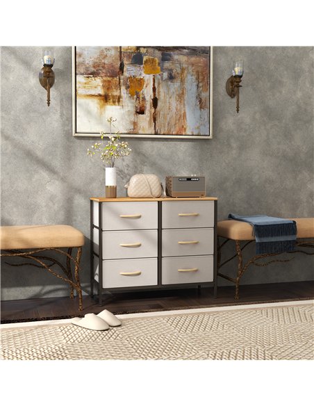 HOMCOM Fabric Chest of Drawers, Industrial Storage Bedroom Dresser with 6 Fabric Drawers, Steel Frame and Wooden Top for Nursery - pic 121297 | FastDaddyshop