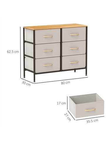 HOMCOM Fabric Chest of Drawers, Industrial Storage Bedroom Dresser with 6 Fabric Drawers, Steel Frame and Wooden Top for Nursery