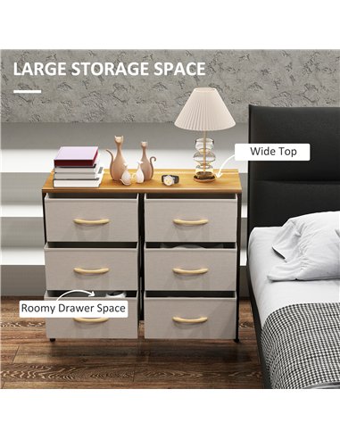 HOMCOM Fabric Chest of Drawers, Industrial Storage Bedroom Dresser with 6 Fabric Drawers, Steel Frame and Wooden Top for Nursery