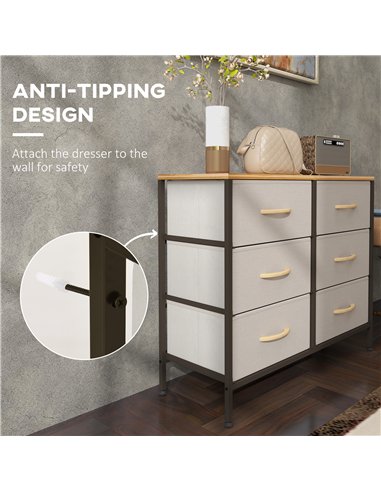 HOMCOM Fabric Chest of Drawers, Industrial Storage Bedroom Dresser with 6 Fabric Drawers, Steel Frame and Wooden Top for Nursery