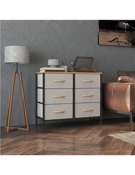 HOMCOM Fabric Chest of Drawers, Industrial Storage Bedroom Dresser with 6 Fabric Drawers, Steel Frame and Wooden Top for Nursery - pic 121302 | FastDaddyshop