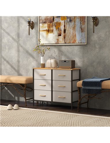 HOMCOM Fabric Chest of Drawers, Industrial Storage Bedroom Dresser with 6 Fabric Drawers, Steel Frame and Wooden Top for Nursery