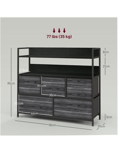 HOMCOM Rustic Chest of Five Fabric Drawers - Black