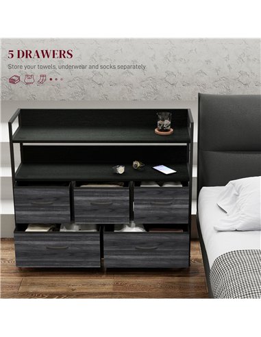 HOMCOM Rustic Chest of Five Fabric Drawers - Black