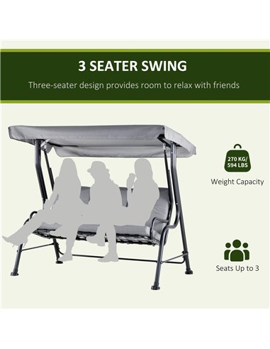 Outsunny 3 Seater Outdoor Garden Swing Chairs Thick Padded Seat Hammock Canopy Porch Patio Bench Bed - Grey