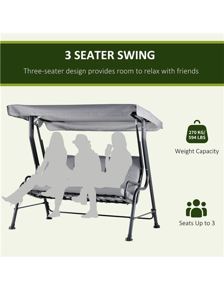 Outsunny 3 Seater Outdoor Garden Swing Chairs Thick Padded Seat Hammock Canopy Porch Patio Bench Bed - Grey - pic 12132 | FastDaddyshop