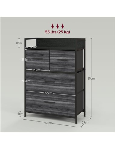 HOMCOM Rustic Chest of Four Fabric Drawers - Black