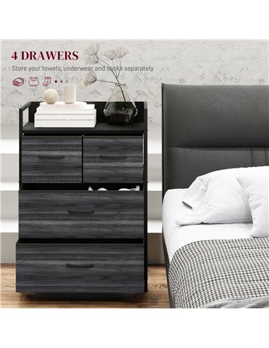 HOMCOM Rustic Chest of Four Fabric Drawers - Black