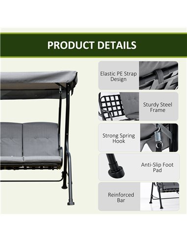 Outsunny 3 Seater Outdoor Garden Swing Chairs Thick Padded Seat Hammock Canopy Porch Patio Bench Bed - Grey