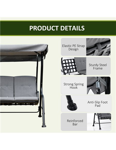 Outsunny 3 Seater Outdoor Garden Swing Chairs Thick Padded Seat Hammock Canopy Porch Patio Bench Bed - Grey - pic 12133 | FastDaddyshop