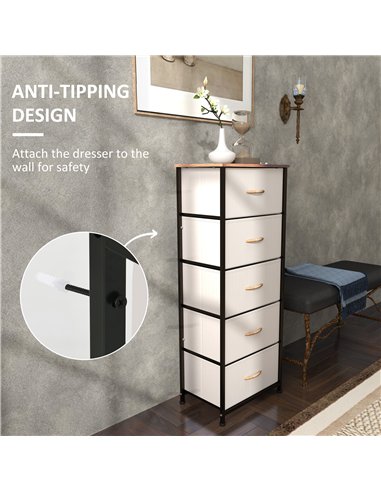 HOMCOM Fabric Chest of Drawers, Storage Drawers, Industrial Bedroom Dresser with 5 Fabric Drawers, Steel Frame and Wooden Top fo