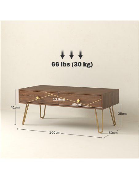 HOMCOM Coffee Table with Storage, Living Room Table with Drawers, Rectangular Tea Table with Steel Base for Home, 100 x 50 x 41  - pic 121343 | FastDaddyshop