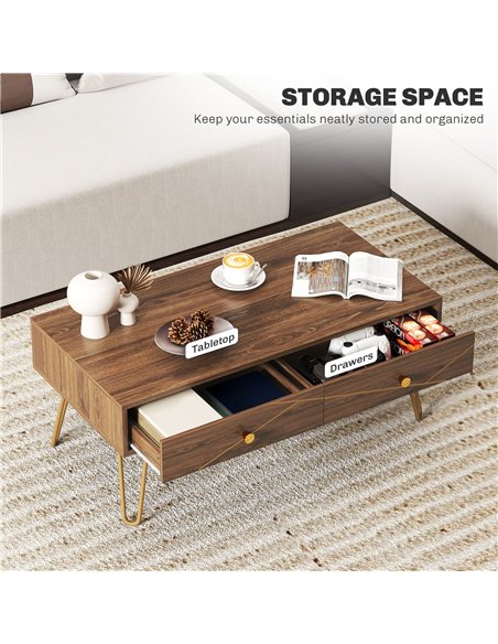 HOMCOM Coffee Table with Storage, Living Room Table with Drawers, Rectangular Tea Table with Steel Base for Home, 100 x 50 x 41  - pic 121345 | FastDaddyshop