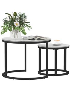 HOMCOM Glass Coffee Table Set of 2, Round Nest of Tables with Marble-Effect Tempered Glass Tabletop and Steel Frame, Modern Side