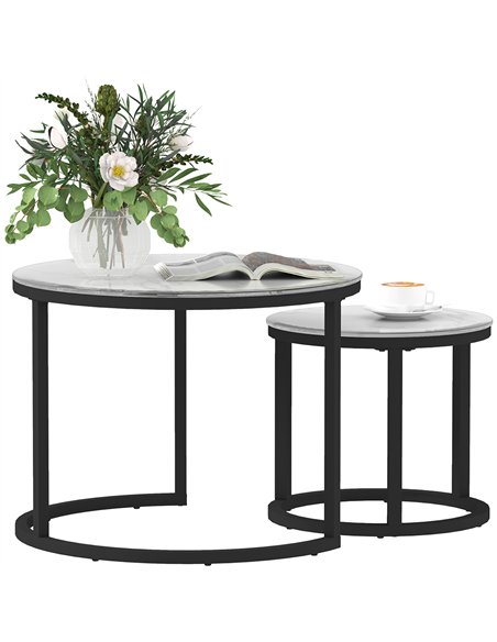 HOMCOM Glass Coffee Table Set of 2, Round Nest of Tables with Marble-Effect Tempered Glass Tabletop and Steel Frame, Modern Side - pic 121359 | FastDaddyshop