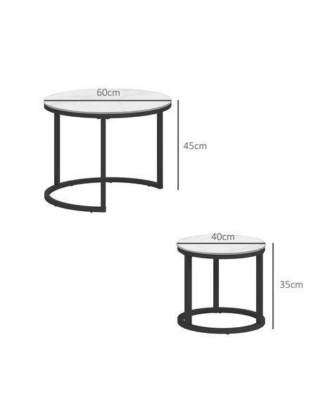 HOMCOM Glass Coffee Table Set of 2, Round Nest of Tables with Marble-Effect Tempered Glass Tabletop and Steel Frame, Modern Side - pic 121361 | FastDaddyshop