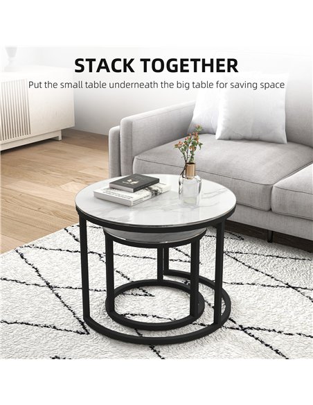 HOMCOM Glass Coffee Table Set of 2, Round Nest of Tables with Marble-Effect Tempered Glass Tabletop and Steel Frame, Modern Side - pic 121362 | FastDaddyshop