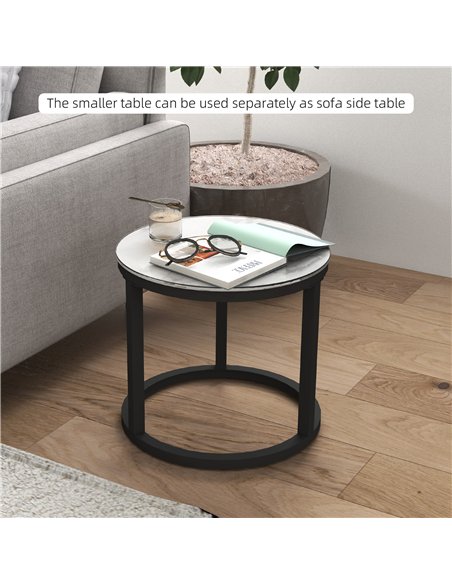HOMCOM Glass Coffee Table Set of 2, Round Nest of Tables with Marble-Effect Tempered Glass Tabletop and Steel Frame, Modern Side - pic 121363 | FastDaddyshop
