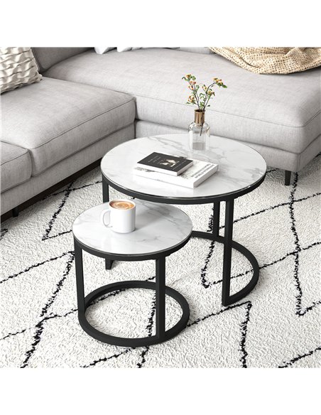 HOMCOM Glass Coffee Table Set of 2, Round Nest of Tables with Marble-Effect Tempered Glass Tabletop and Steel Frame, Modern Side - pic 121364 | FastDaddyshop