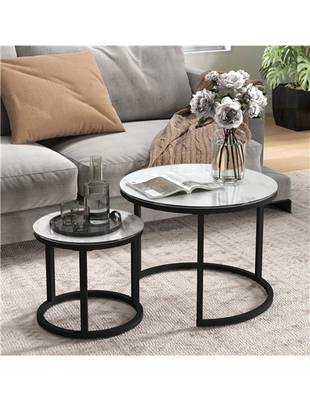 HOMCOM Glass Coffee Table Set of 2, Round Nest of Tables with Marble-Effect Tempered Glass Tabletop and Steel Frame, Modern Side - pic 121365 | FastDaddyshop