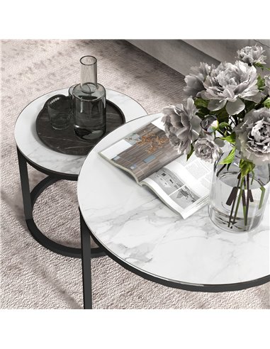 HOMCOM Glass Coffee Table Set of 2, Round Nest of Tables with Marble-Effect Tempered Glass Tabletop and Steel Frame, Modern Side