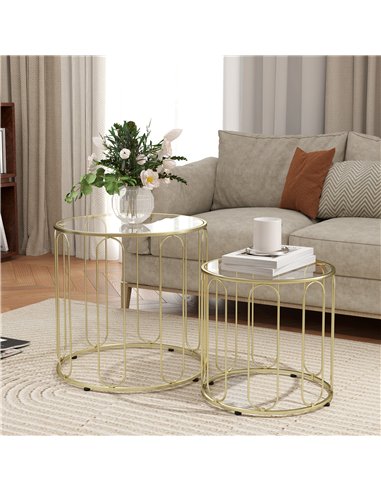 HOMCOM Round Coffee Table Set of 2, Glass Nest of Tables with Metal Frame and Tempered Glass Tabletop, Modern Side Tables for Li