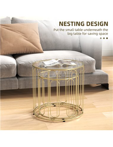 HOMCOM Round Coffee Table Set of 2, Glass Nest of Tables with Metal Frame and Tempered Glass Tabletop, Modern Side Tables for Li