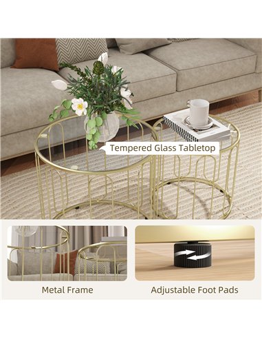 HOMCOM Round Coffee Table Set of 2, Glass Nest of Tables with Metal Frame and Tempered Glass Tabletop, Modern Side Tables for Li