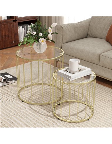 HOMCOM Round Coffee Table Set of 2, Glass Nest of Tables with Metal Frame and Tempered Glass Tabletop, Modern Side Tables for Li