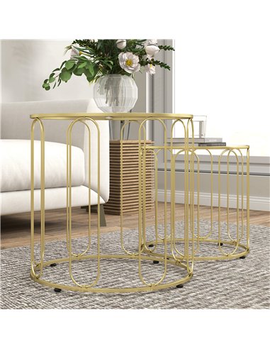 HOMCOM Round Coffee Table Set of 2, Glass Nest of Tables with Metal Frame and Tempered Glass Tabletop, Modern Side Tables for Li