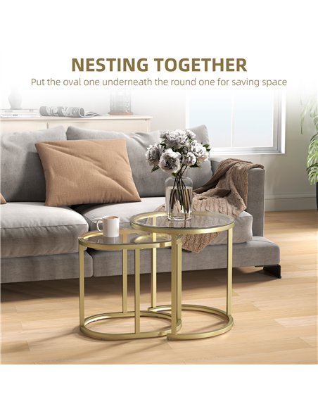 HOMCOM Modern Coffee Table Set of 2, Nest of Tables with Steel Frame and Tempered Glass Tabletop, Side Tables for Living Room Be - pic 121398 | FastDaddyshop
