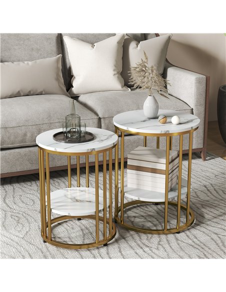 HOMCOM Set of Two Marble-Effect Coffee Tables - White/Gold-Tone - pic 121405 | FastDaddyshop