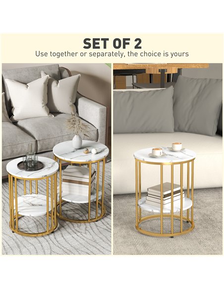 HOMCOM Set of Two Marble-Effect Coffee Tables - White/Gold-Tone - pic 121407 | FastDaddyshop