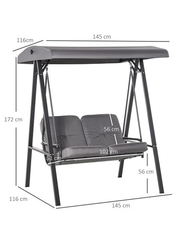 Outsunny 2 Seater Covered Outdoor Swing Chair Lounger Hammock Bench with Cushion Tilt Canopy, Grey