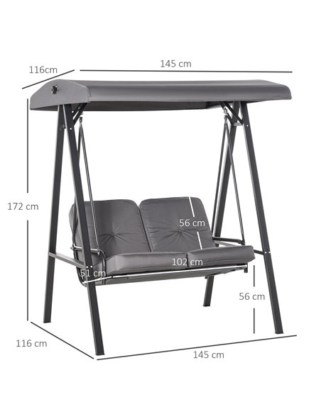 Outsunny 2 Seater Covered Outdoor Swing Chair Lounger Hammock Bench with Cushion Tilt Canopy, Grey - pic 12145 | FastDaddyshop