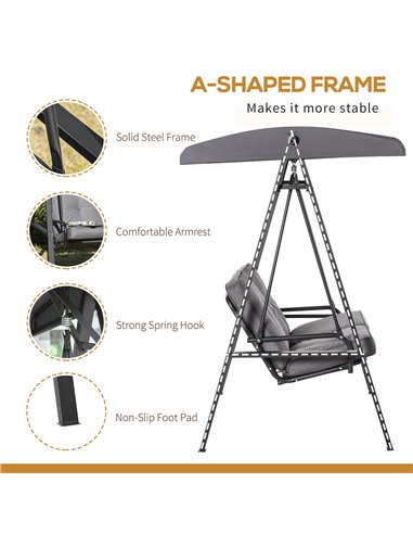 Outsunny 2 Seater Covered Outdoor Swing Chair Lounger Hammock Bench with Cushion Tilt Canopy, Grey
