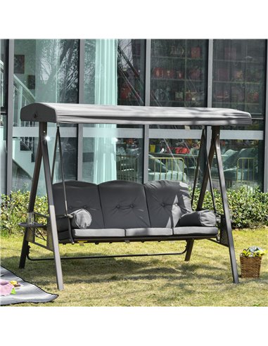 Outsunny 3 Seater Garden Swing Chair Outdoor Hammock Bench w/ Adjustable Canopy, Cushions and Cup Trays, Steel Frame, Dark Grey