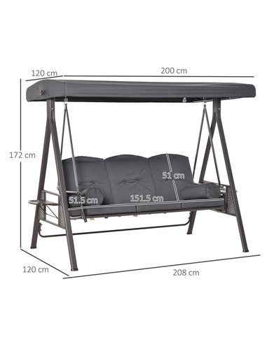 Outsunny 3 Seater Garden Swing Chair Outdoor Hammock Bench w/ Adjustable Canopy, Cushions and Cup Trays, Steel Frame, Dark Grey