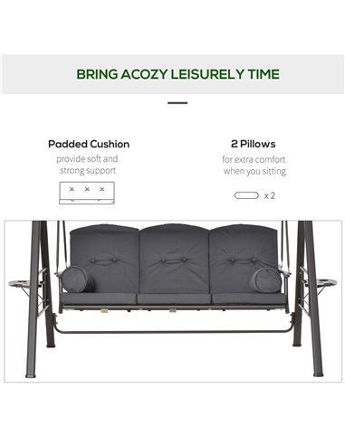 Outsunny 3 Seater Garden Swing Chair Outdoor Hammock Bench w/ Adjustable Canopy, Cushions and Cup Trays, Steel Frame, Dark Grey