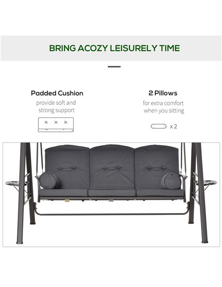 Outsunny 3 Seater Garden Swing Chair Outdoor Hammock Bench w/ Adjustable Canopy, Cushions and Cup Trays, Steel Frame, Dark Grey - pic 12162 | FastDaddyshop