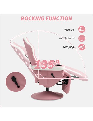 HOMCOM Manual Recliner Armchair PU Leather Lounge Chair w Adjustable Leg Rest, 135° Reclining Function, 360° Swivel, Pink