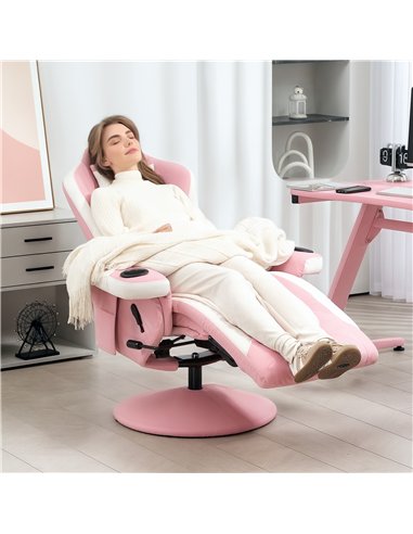 HOMCOM Manual Recliner Armchair PU Leather Lounge Chair w Adjustable Leg Rest, 135° Reclining Function, 360° Swivel, Pink