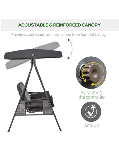 Outsunny 3 Seater Garden Swing Chair Outdoor Hammock Bench w/ Adjustable Canopy, Cushions and Cup Trays, Steel Frame, Dark Grey